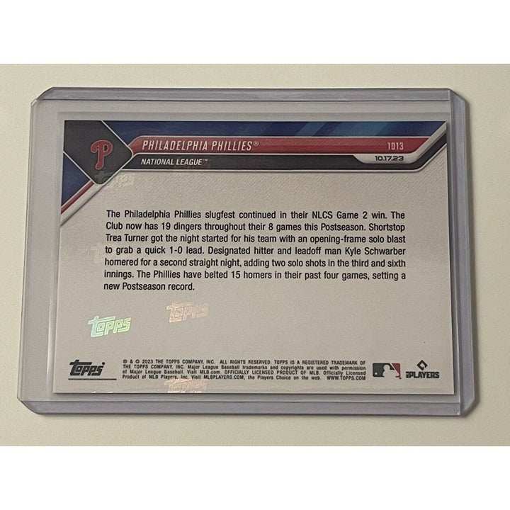 2023 MLB Topps Now Bryce Harper Kyle Schwarber Philadelphia Phillies NLCS trading card in protective case