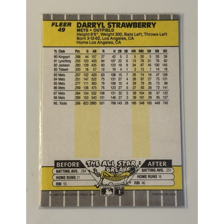 1989 Fleer Darryl Strawberry* MLB NL New York Mets Baseball Card #49 - HOF MINT!