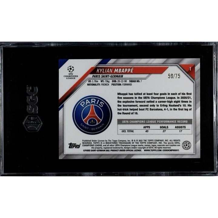 59/75 Kylian Mbappe 2021-22 Topps Chrome UEFA Green Refractor graded 9.5 card