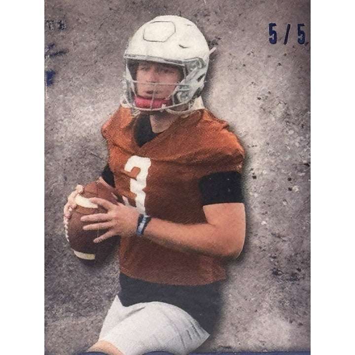 2022 Leaf Ultimate Draft Quinn Ewers rookie card with autograph, Texas Longhorns, teal parallel, limited 5/5 numbered edition in protective case