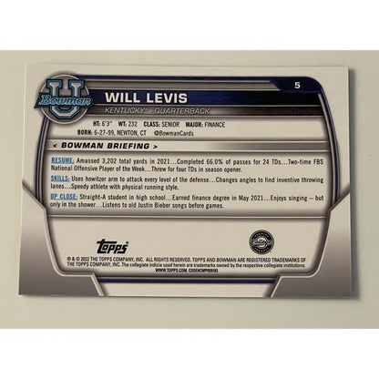 Will Levis 2022 Bowman Chrome U NFL 1st ROUNDER Card #5 NCAA UK Wildcats/Titans*