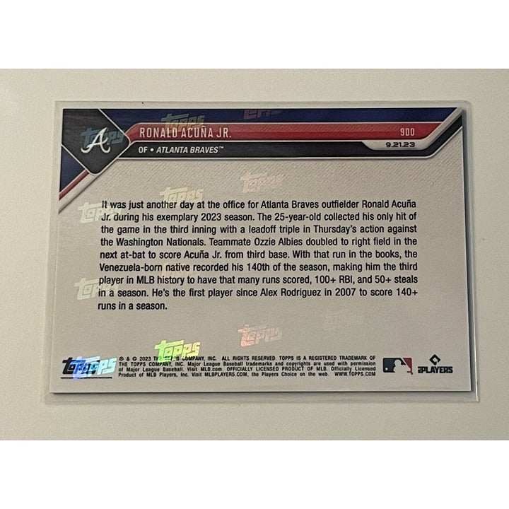 Ronald Acuna Jr. 2023 MLB Topps Now card celebrating first 140-run season with Atlanta Braves