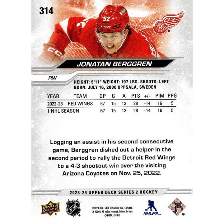 Jonatan Berggren* 2023-24 Upper Deck Series 2 Update - NHL Red wings Hockey #314