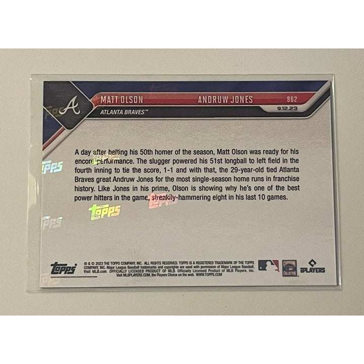 2023 Topps Now trading card of Matt Olson and Andruw Jones tying Atlanta Braves home run record