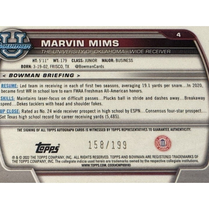 2022 Bowman University Chrome Prospect RC - 158/199 Marvin Mims Auto #4 - SGC 10