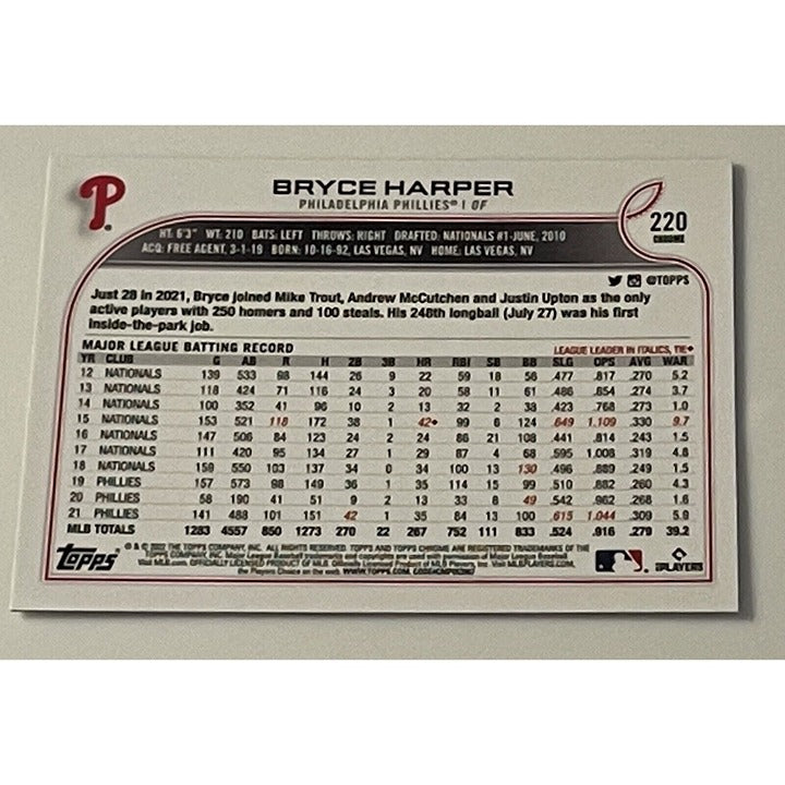 2022 Topps Chrome Bryce Harper Card #220 SEPIA REFRACTOR - MLB Phillies baseball