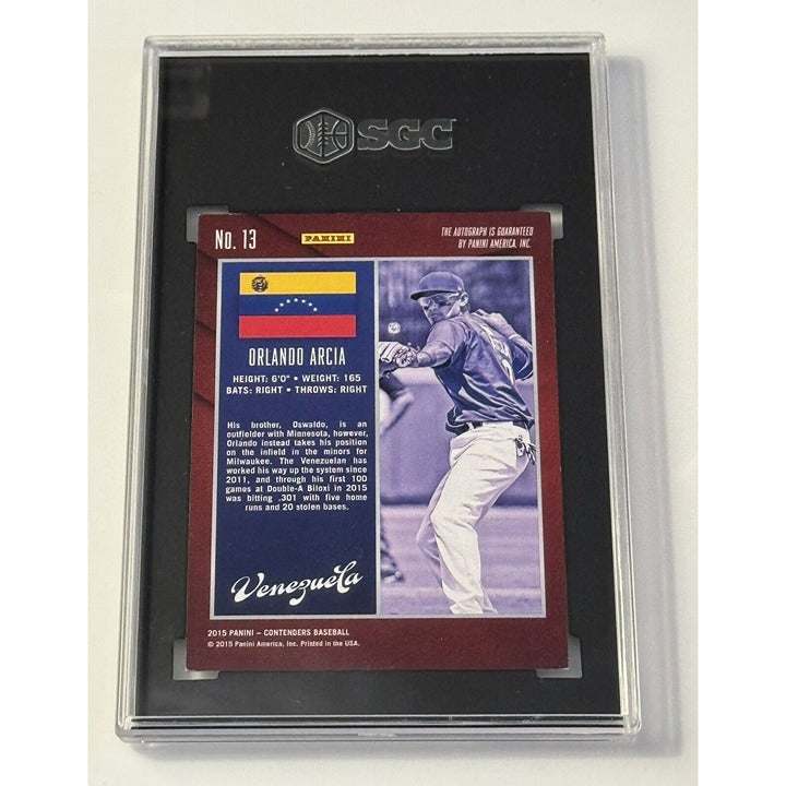 2015 Panini Contenders Orlando Arcia autographed baseball card with Venezuela flag and SGC 8.5 grade