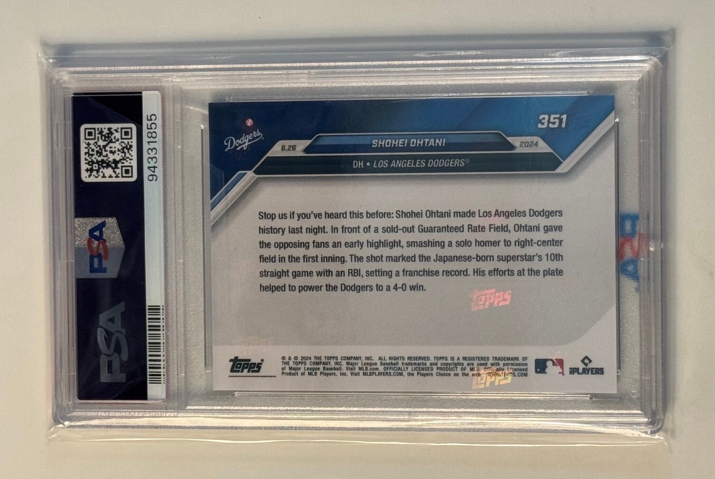 2024 TOPPS NOW SHOHEI OHTANI MLB LA Dodgers Card #351 Most Ganes w/ RBI PSA 10