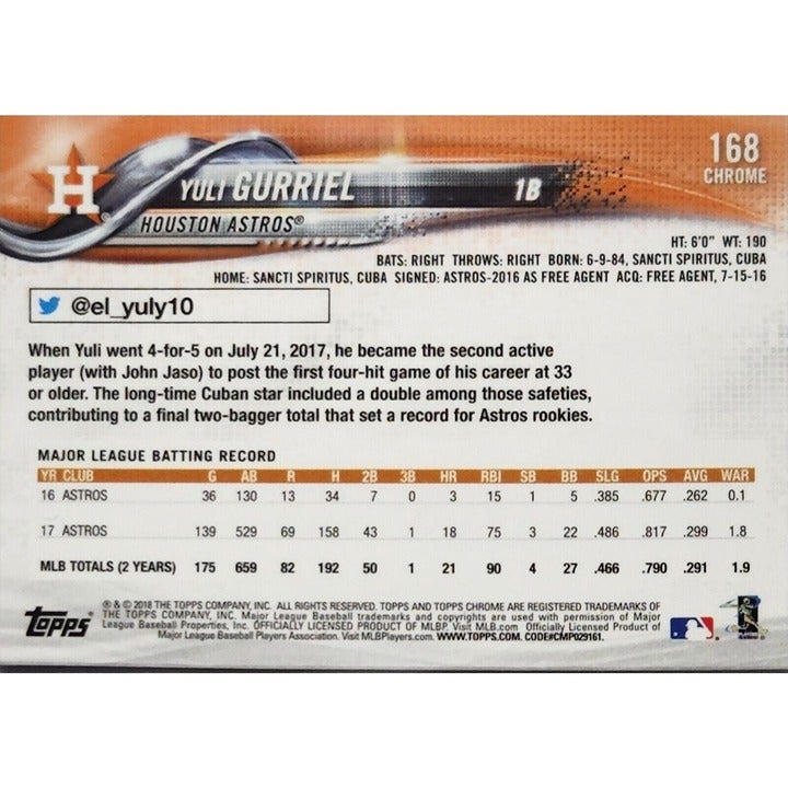 2018 Topps Chrome -Yuli Gurriel* Card #168 MLB Houston Astros 2022 World Champs*