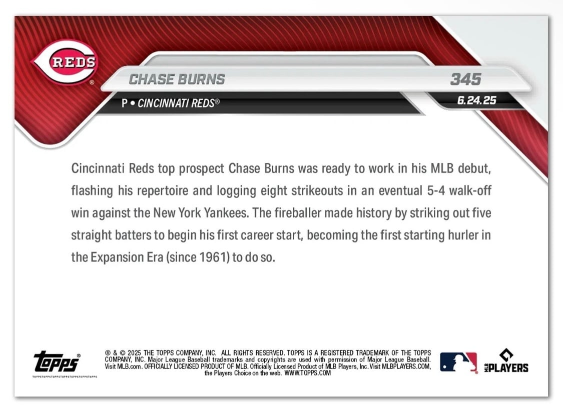 Chase Burns 2025 Topps NOW #345 Call Up Rookie Card RC MLB Reds 1st SP With 5 Ks