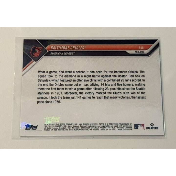 Limited Edition Baltimore Orioles 2023 MLB Topps Now Card featuring Adley Rutschman celebrating 90 wins in 141 games