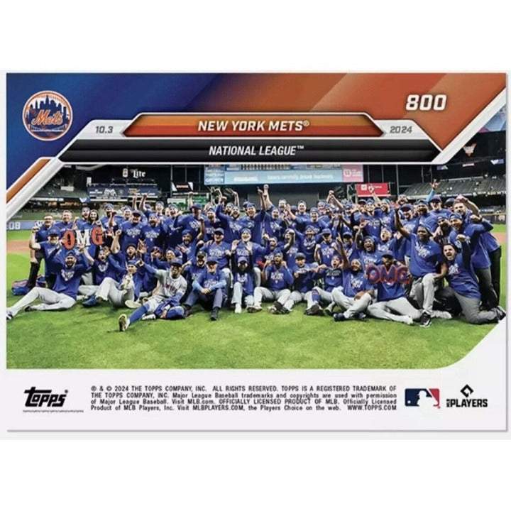 2024 Topps Now New York Mets team photo celebrating Wildcard Series win with Steve Cohen collector card