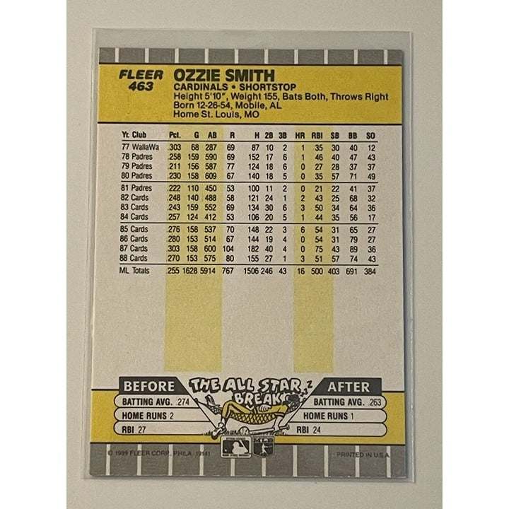 1989 Fleer baseball card featuring Ozzie Smith of St. Louis Cardinals in action, card #463, vintage collectible