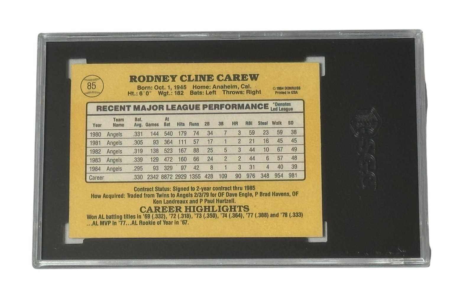 Rod Carew 1985 Donruss #85 vintage baseball card back graded SGC 8 with California Angels stats