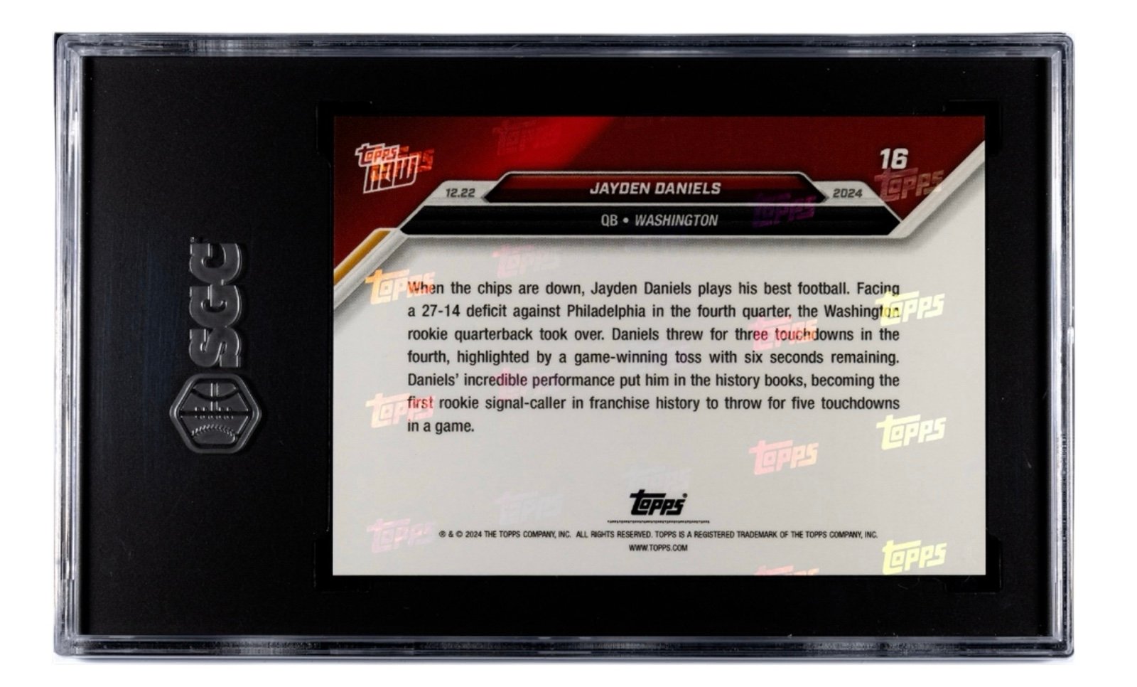 Jayden Daniels RC 2024 Topps NOW Rookie Card 16 graded SGC 9.5 in protective case