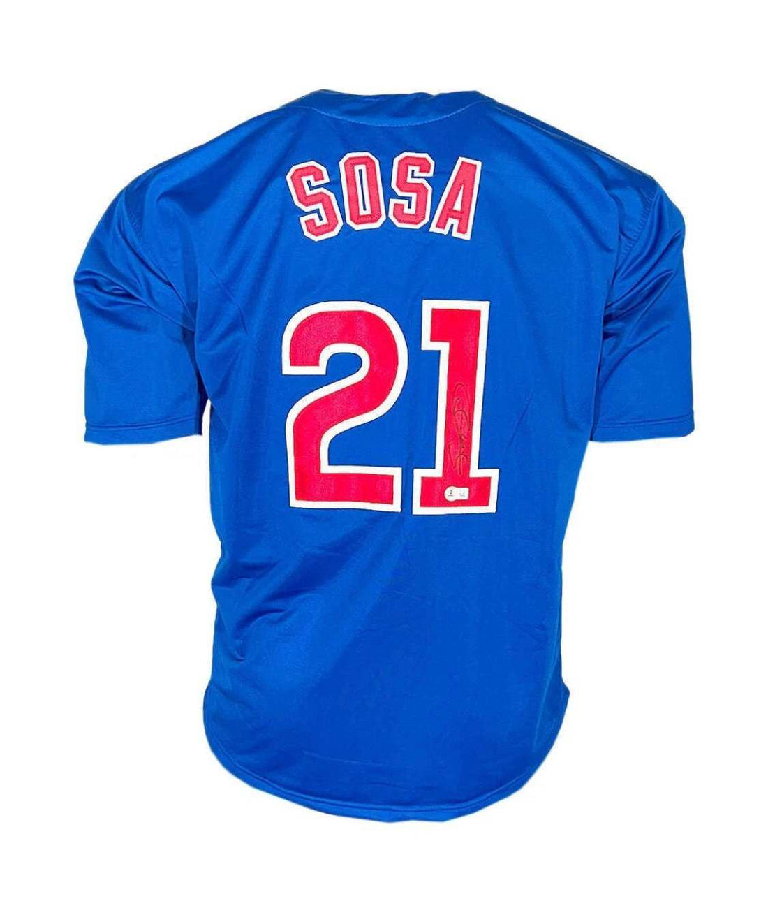 Sammy Sosa signed Chicago Cubs royal blue jersey with number 21 and Beckett certification