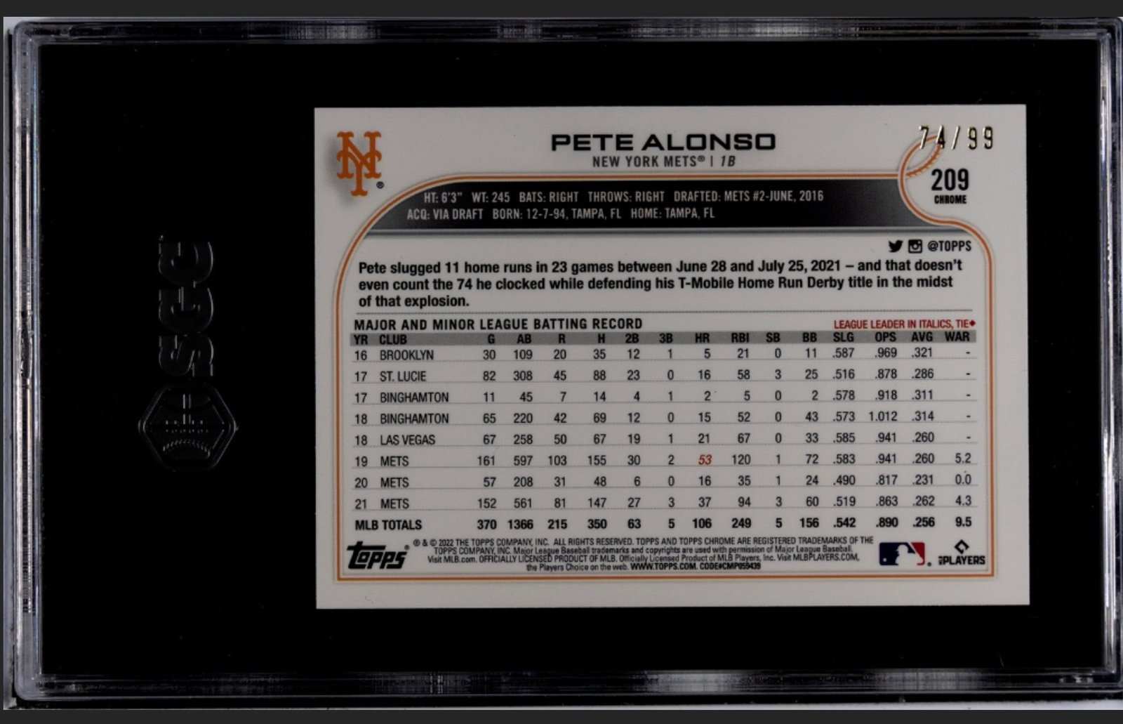 2022 TOPPS CHROME SONIC Pete Alonso Green Yellow Sonic Pulse Refractor baseball card SGC 10 limited edition 75 of 99