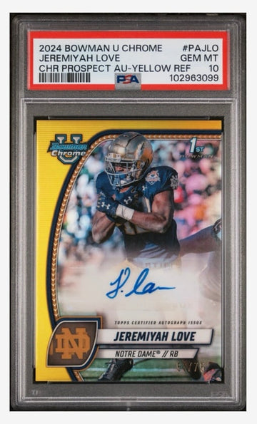 53/75* 2024 Bowman University Football Jeremiyah Love RC AUTO Yellow Ref. PSA 10