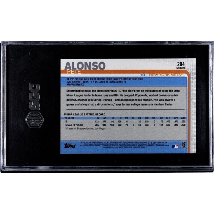 Pete Alonso - 2019 Topps Chrome MLB New York Mets Card #204 Polar Bear - SGC 9.5