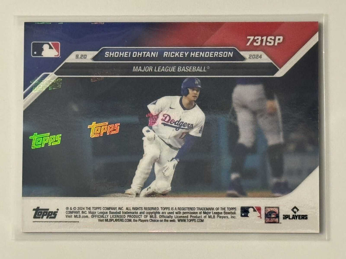 Shohei Ohtani 731SP limited edition 2024 Topps Now baseball card showing 14th HR/SB game pass of Rickey Henderson
