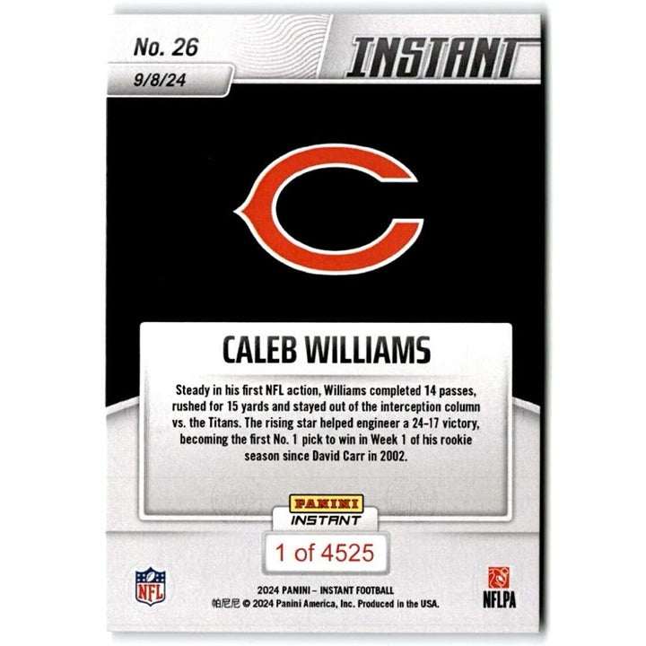 2024 Panini Instant Rookie Card featuring Caleb Williams #26 Chicago Bears NFL football trading card
