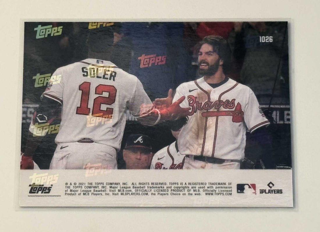 2021 MLB Topps Now card featuring Dansby Swanson and Jorge Soler from World Series Braves in action