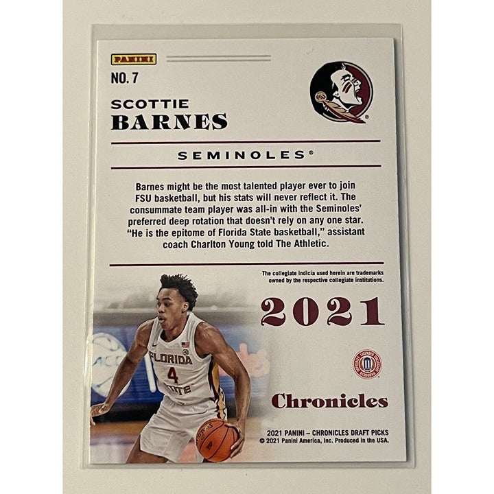 Scottie Barnes RC 2021-22 Panini Chronicles Draft Picks rookie card featuring Florida State Seminoles basketball player in action