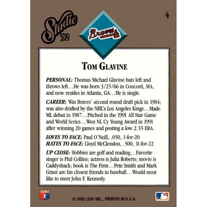 1992 Leaf Studio Tom Glavine Atlanta Braves baseball card with portrait and pitching action image