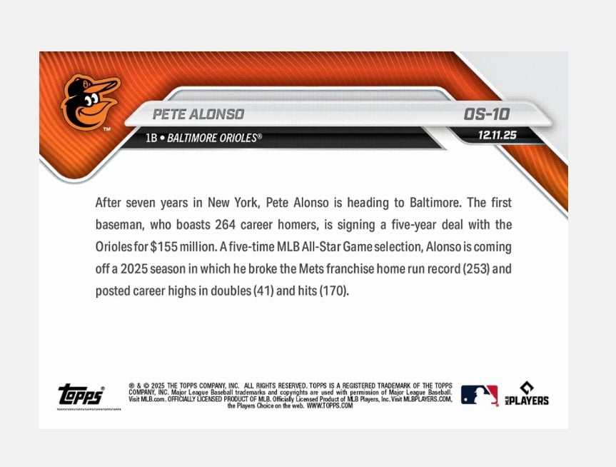 2025 Topps Now Pete Alonso signed baseball card Baltimore Orioles OS-10