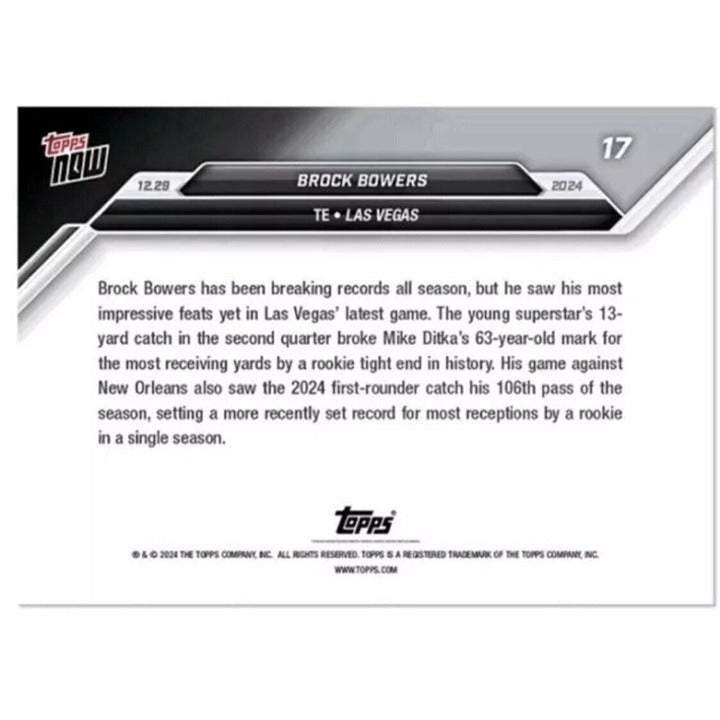 Brock Bowers RC 2024 Topps Now #17 Rookie TE Receiving Record - LIMITED EDITION!