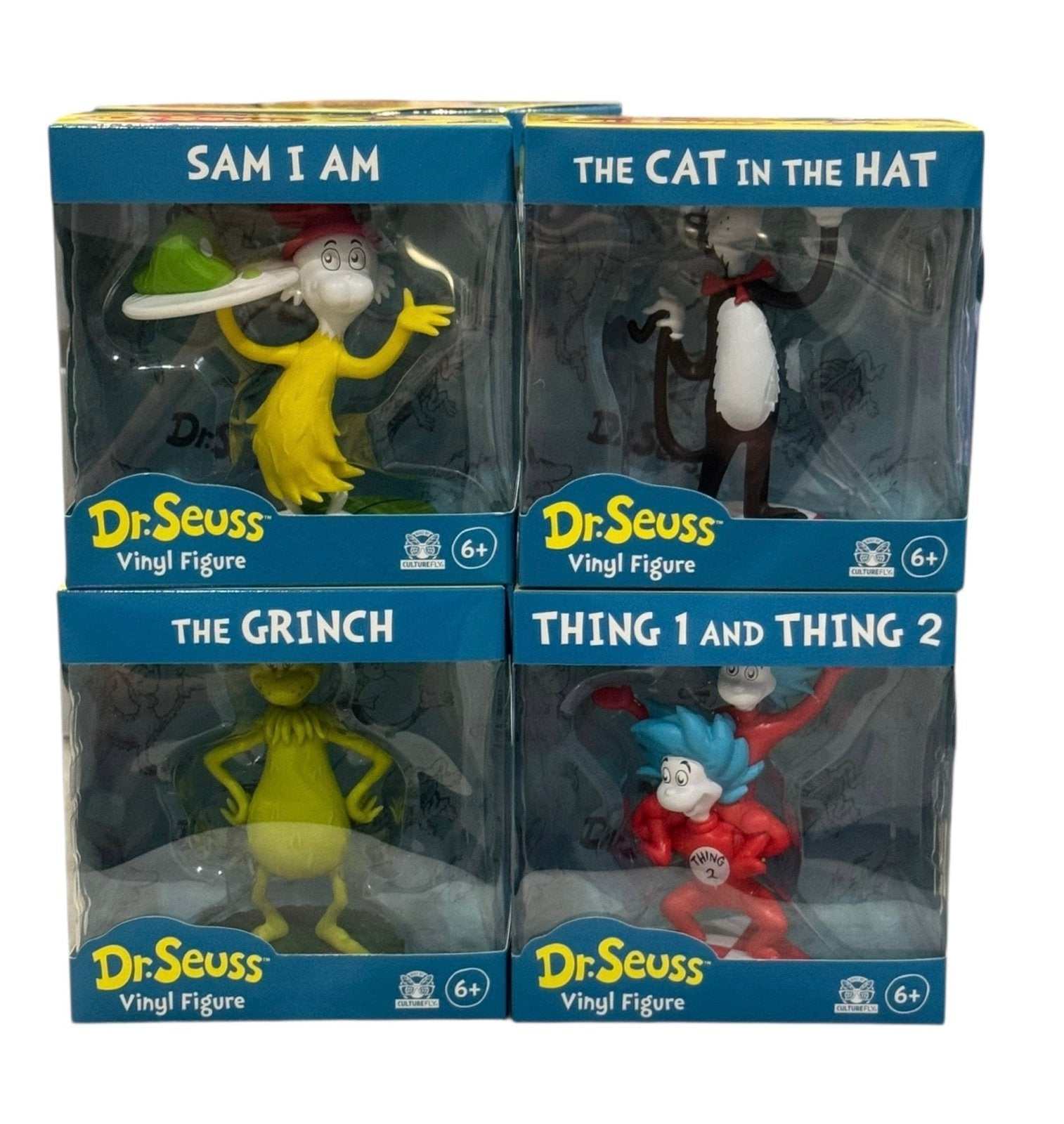 Dr Seuss 4 vinyl figure set including Sam I Am, Cat in the Hat, Grinch, Thing 1 and Thing 2 in original packaging