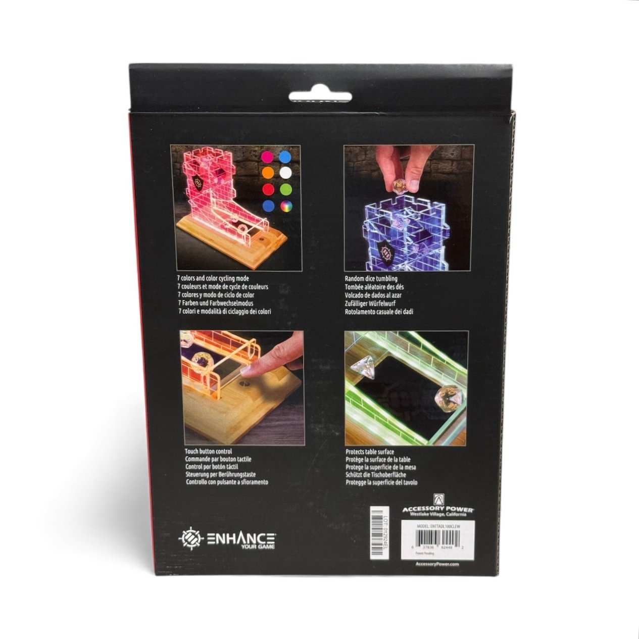 ENHANCE LED Dice Tower set with 7 color modes, touch control, random dice tumbling, and wooden base for tabletop RPGs
