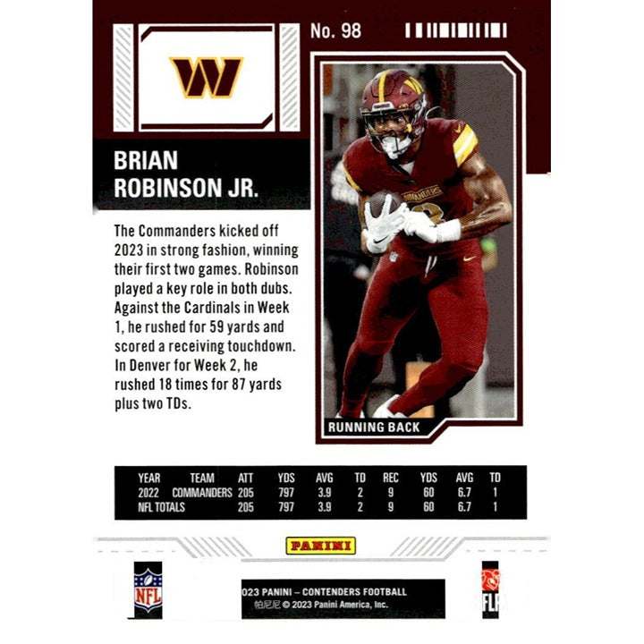 2023 Panini Contenders Brian Robinson Jr. NFL Commanders Game Ticket trading card