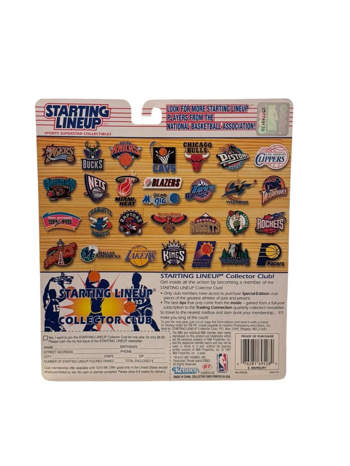 Back packaging of Stephon Marbury Starting Lineup 1997 Edition figure with NBA team logos and collector information