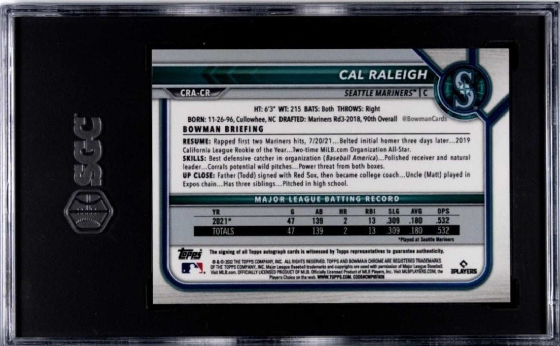 2022 BOWMAN CAL RALEIGH Chrome Rookie Auto Card SGC 9 Seattle Mariners