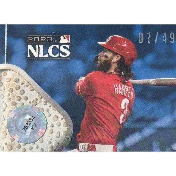 2023 Topps Now game-used base relic card featuring Kyle Schwarber and Bryce Harper in protective case, limited edition 7/49