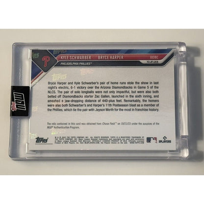 Game-used Base Relic 7/49 Kyle Schwarber/Bryce Harper - 2023 Topps Now* IN HAND!