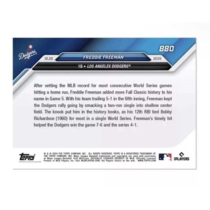 2024 Freddie Freeman MLB Topps NOW Dodgers card 880 World Series MVP with record 12 RBI