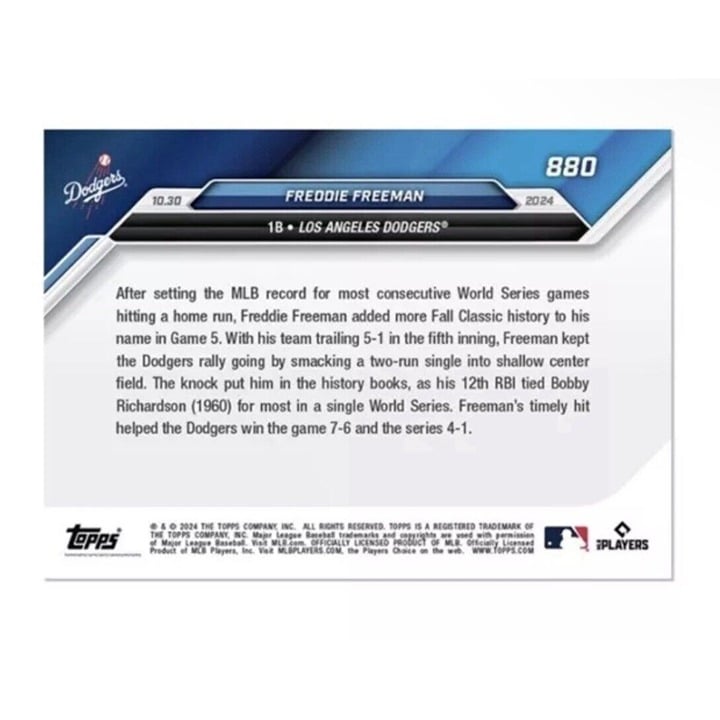 Freddie Freeman 2024 MLB Topps NOW® LA Dodgers Card 880 World Series MVP! READY!
