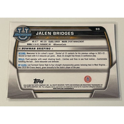 2022-23 Bowman University Chrome Jalen Bridge RC - 1st Bowman #99 - Baylor Bears