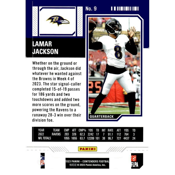 2023 Panini Contenders - Lamar Jackson - NFL Ravens Game Ticket Bronze - Card #9