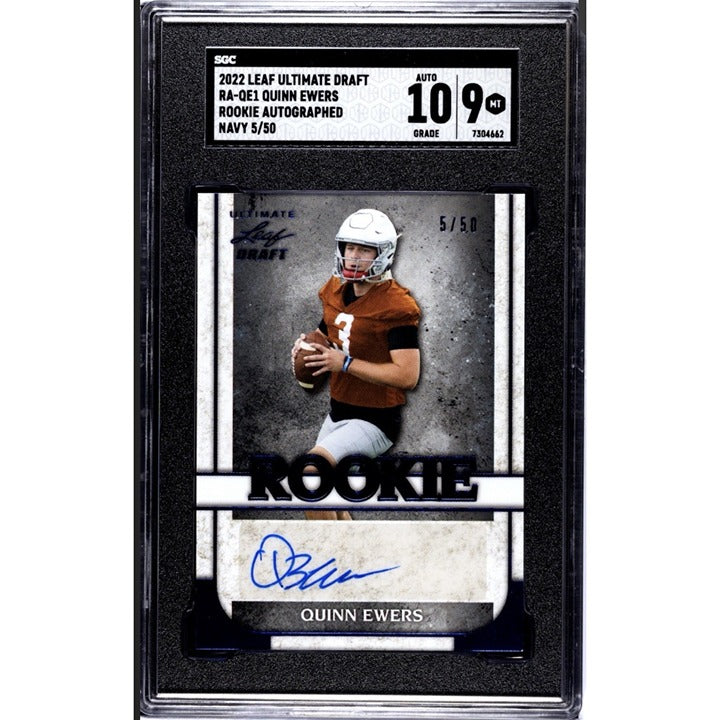 5/50* 2022 Leaf Ultimate Draft TEXAS QUINN EWERS RC Auto Navy SSP #RA-QE1 SGC 9