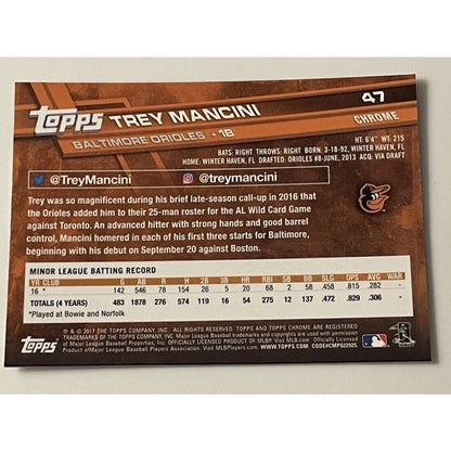 Trey Mancini RC 2017 Topps Chrome Refractor Card #47 Orioles/Astros WS Champion*