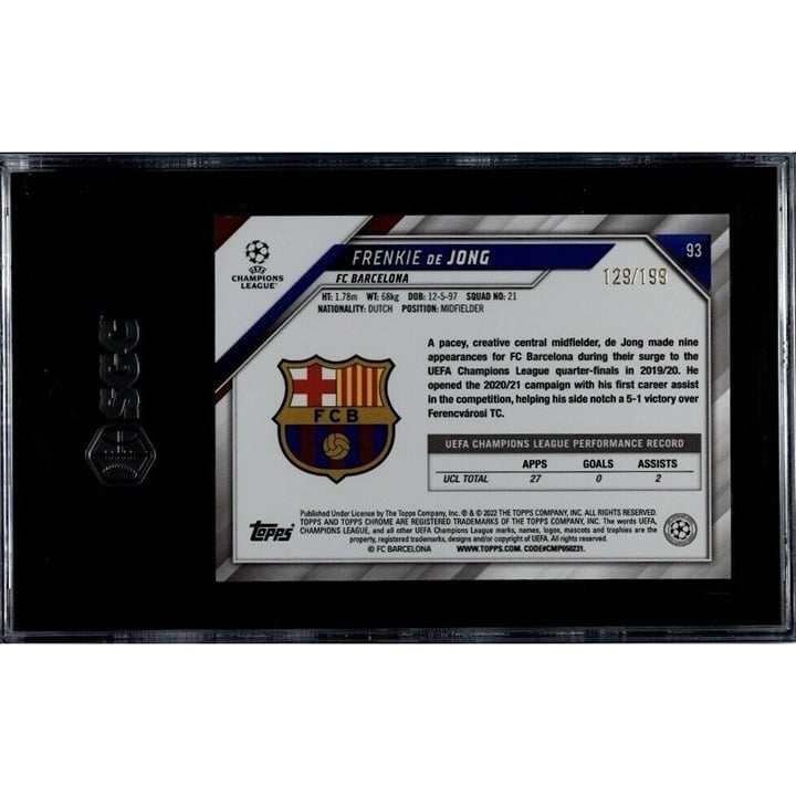 2022 Topps Chrome Champions League Frenkie De Jong #93 Aqua Refractor card 129/199 graded SGC 9.5 FC Barcelona midfielder collectible