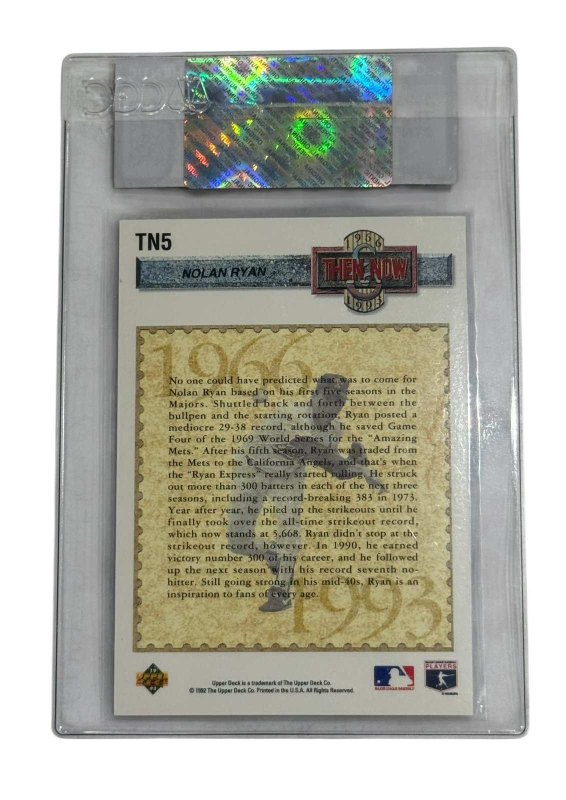 Nolan Ryan 1993 Upper Deck Then & Now CGC authenticated baseball card with Mets and Rangers tribute and holo foil design