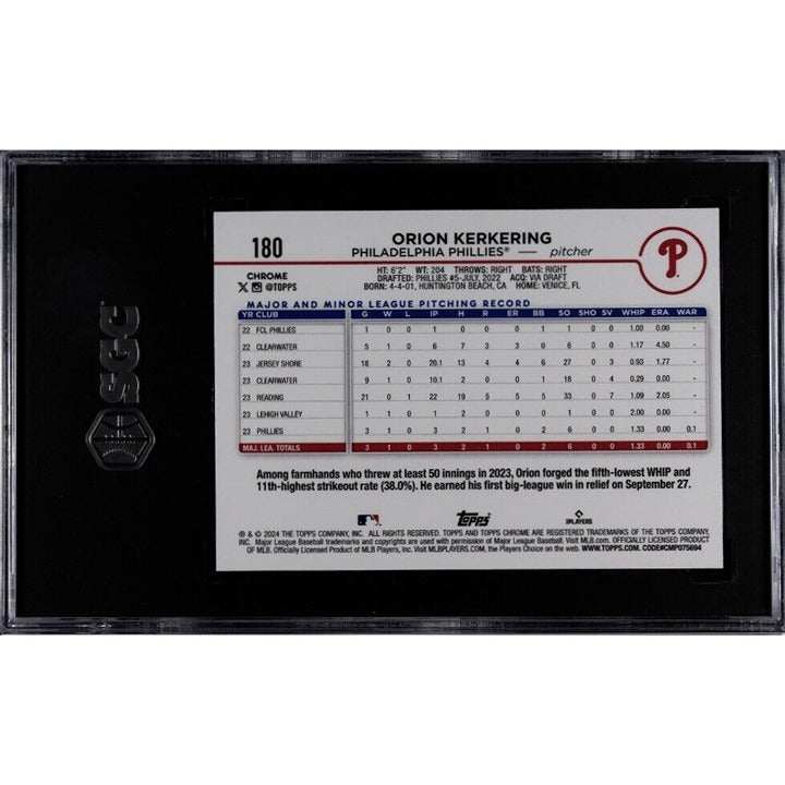 Orion Kerkering RC 2024 Topps Chrome Baseball card #180 graded SGC 9.5 in protective case