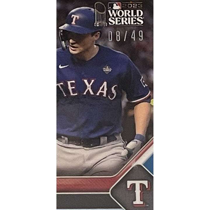 Texas Rangers baseball card commemorating 8 out of 49 consecutive games with a home run in 2023 postseason, limited edition Topps Now release