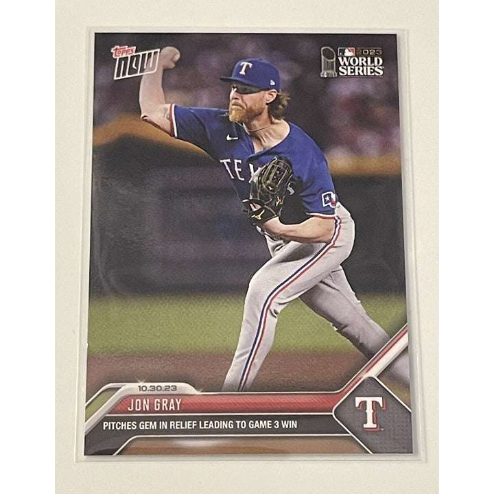 WORLD SERIES Jon Gray Topps NOW baseball card showing Texas Rangers pitcher in 2023 Game 3 win