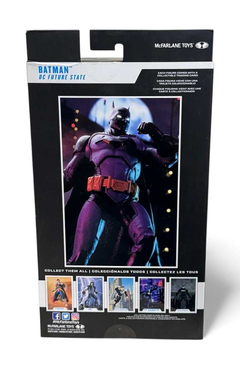 McFarlane DC Multiverse Batman Future State 7-inch action figure in sealed packaging with tactical armor and accessories