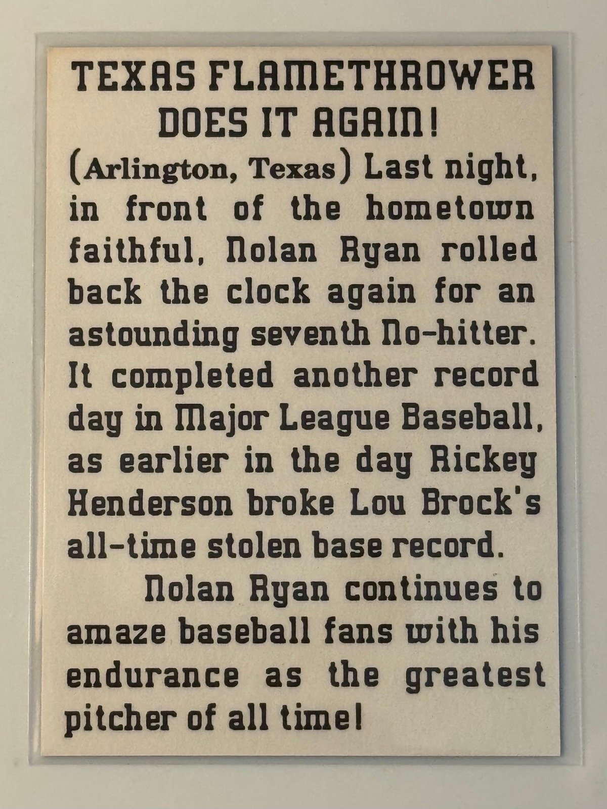 This is a Nolan Ryan unlicensed commemorative card, not produced by manufacturer